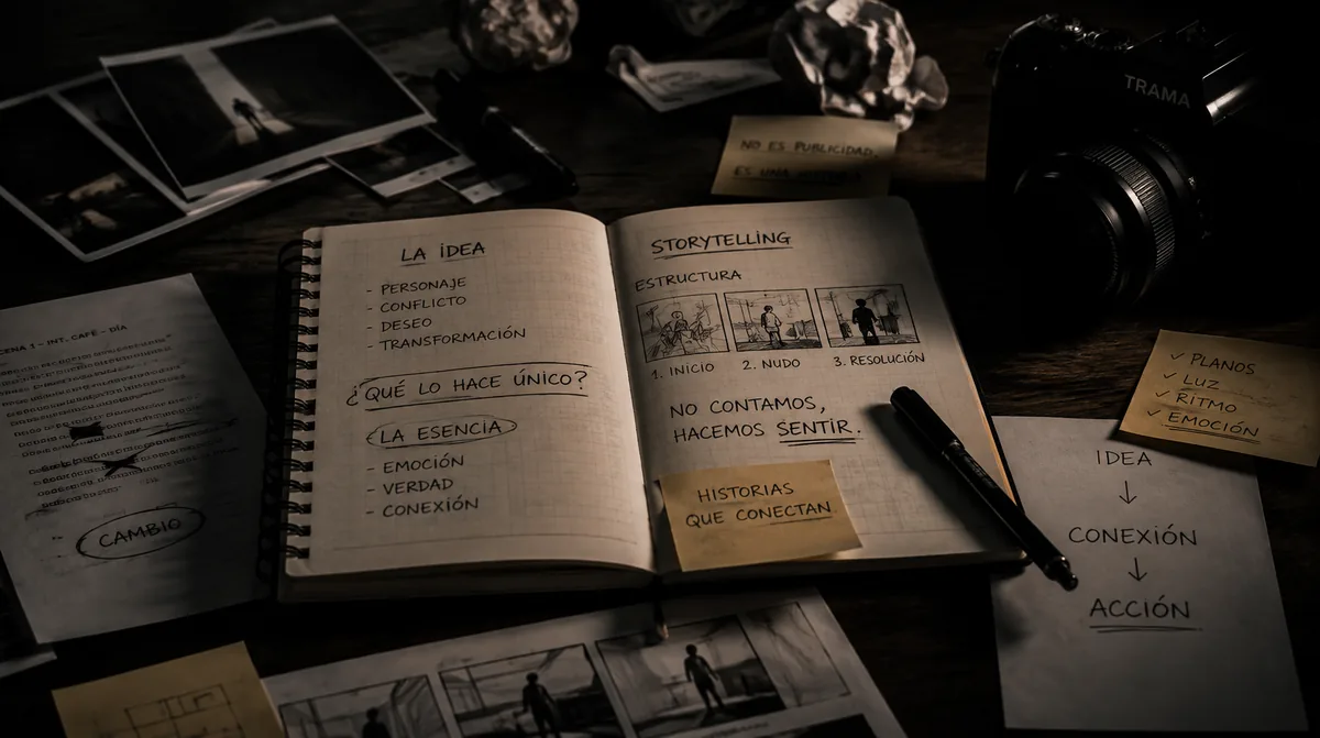 Cuaderno abierto con la estructura de una historia —personaje, conflicto, deseo, transformación— junto a un storyboard y una cámara.