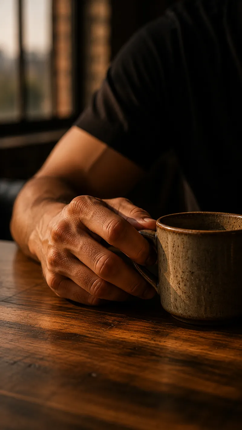 Ejemplo de plano detalle: una mano sosteniendo una taza sobre una mesa de madera, llenando el cuadro.