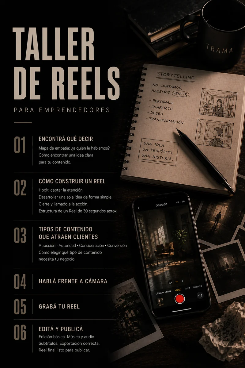 Programa del Taller de Reels para emprendedores, en seis módulos: encontrá qué decir, cómo construir un reel, tipos de contenido que atraen clientes, hablá frente a cámara, grabá tu reel, y editá y publicá.